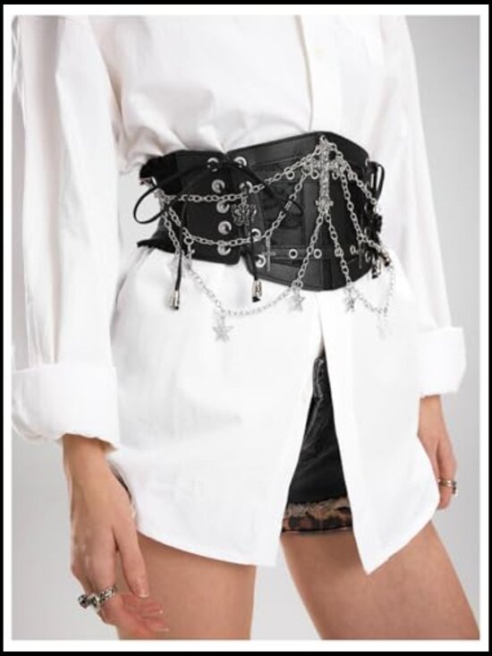 Faux Leather Corset Belt Chain Lace Up Side Elastic Waist Punk Goth Festival main image 7